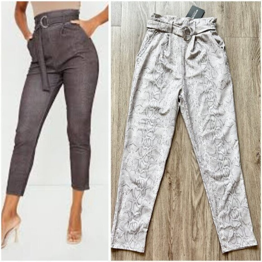 PrettyLittleThing Grey Snake D Ring Belted Cigarette Trouser Pants Size 4 NWT